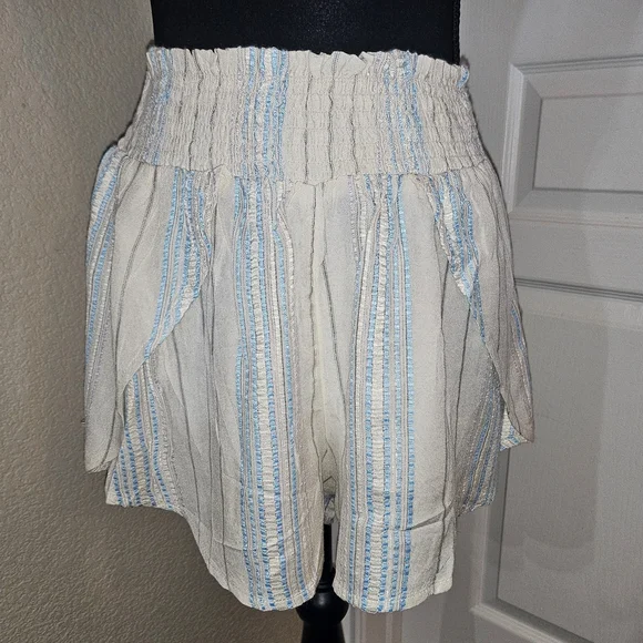 Elan Smocked High Waist Cream and Blue Striped Faux Wrap Coverup Shorts - Picture 8 of 11